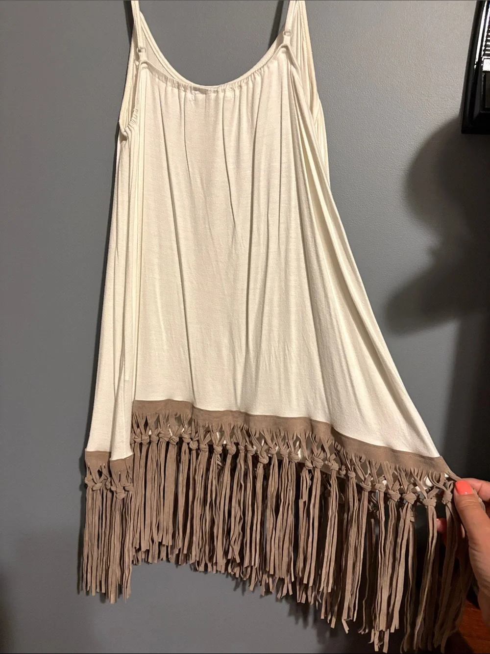 Boho Cream Fringe tank top with Tan Fringe Hem - Picture 3 of 3